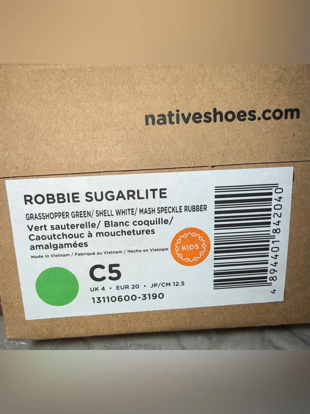 Native Robbie Sugarlite Toddler Shoes Size 5C Grasshopper Green Shell White